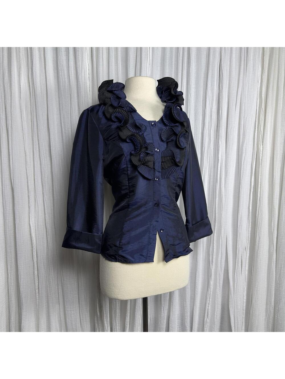 Vintage Cottage Whimsygoth Ruffled Navy Blue & Black Blouse (M)